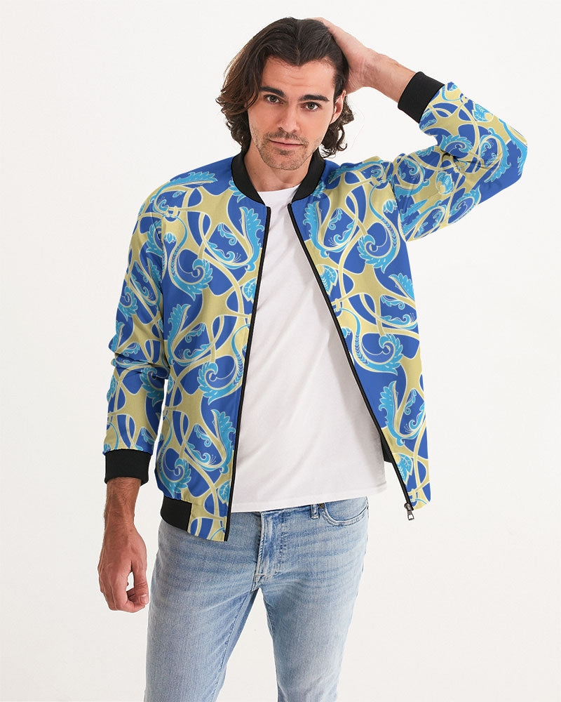 Blue and yellow Baroque  Men's All-Over Print Bomber Jacket