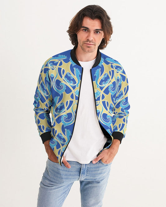 Blue and yellow Baroque  Men's All-Over Print Bomber Jacket